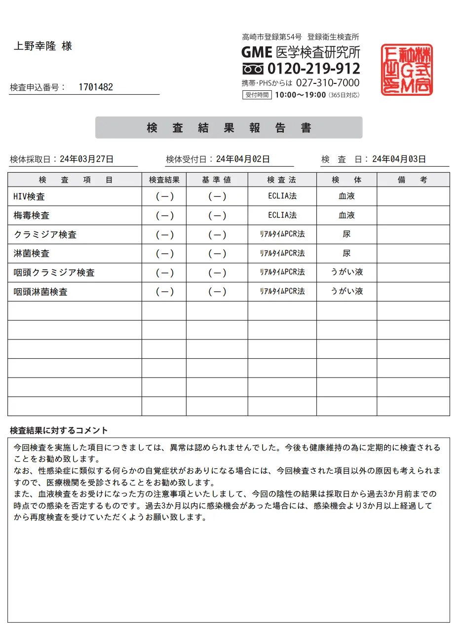 上野幸隆の性病検査証明書