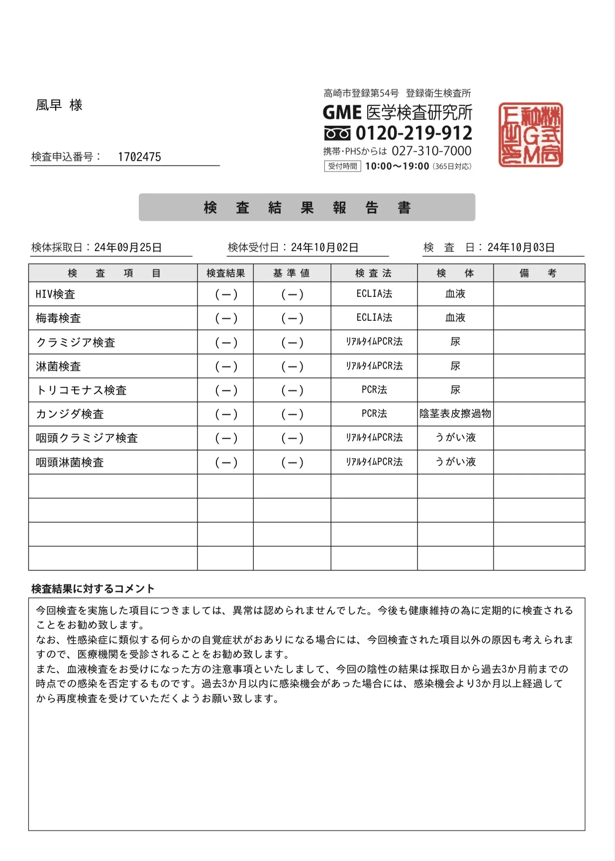 Kazehayaの性病検査証明書