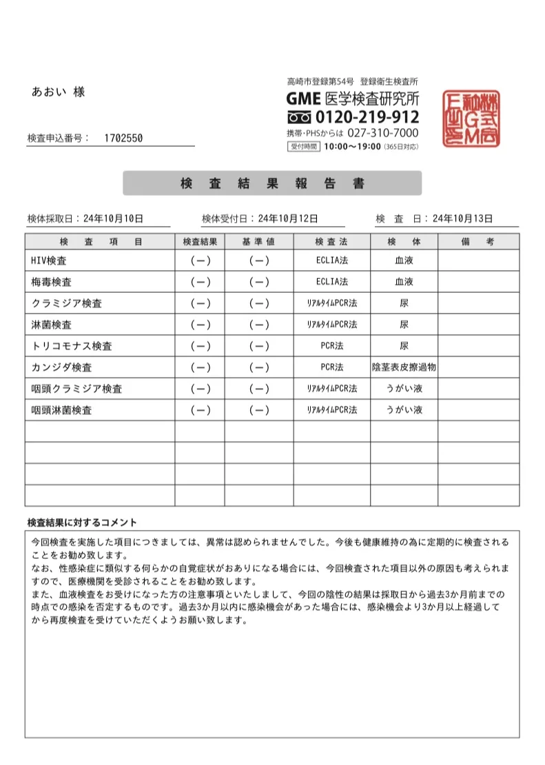 Aoiの性病検査証明書