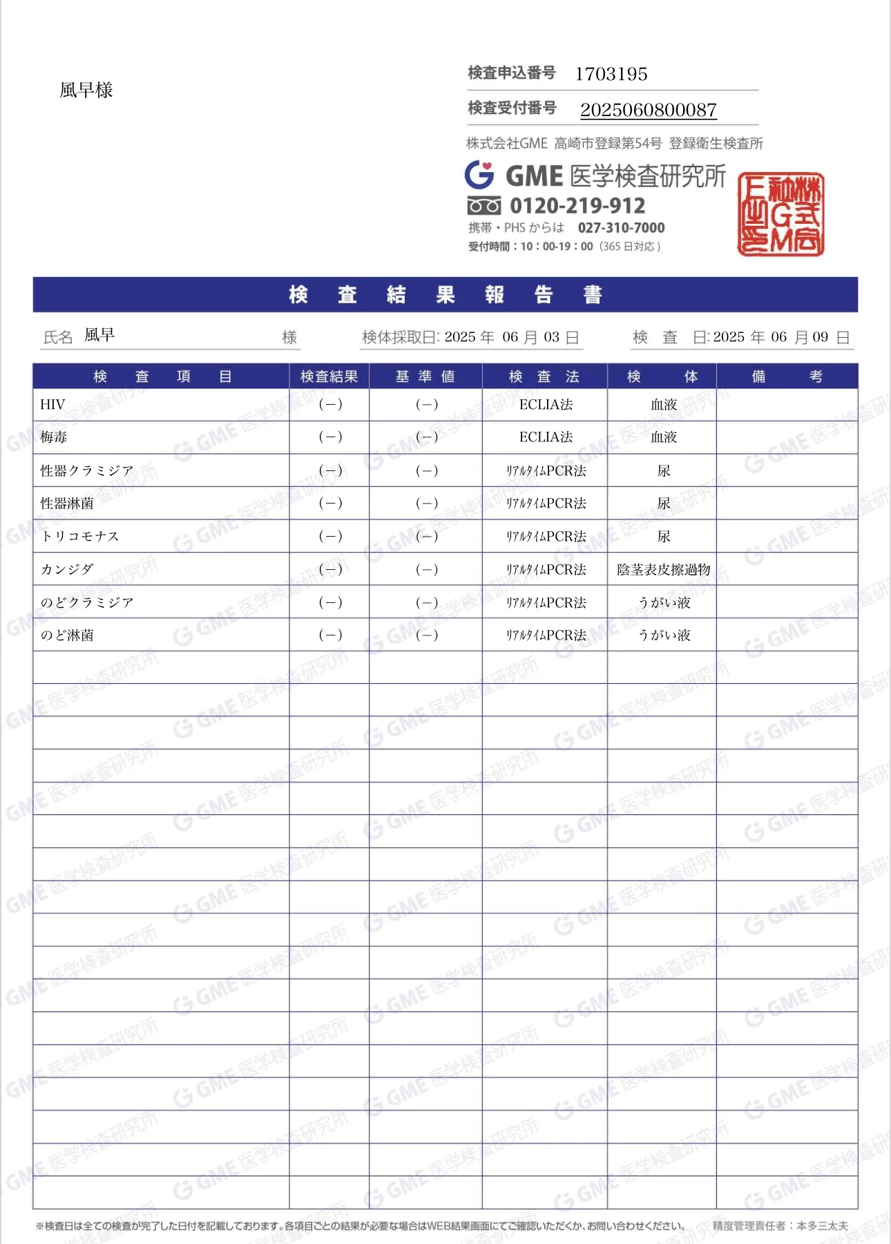 Kazehayaの性病検査証明書