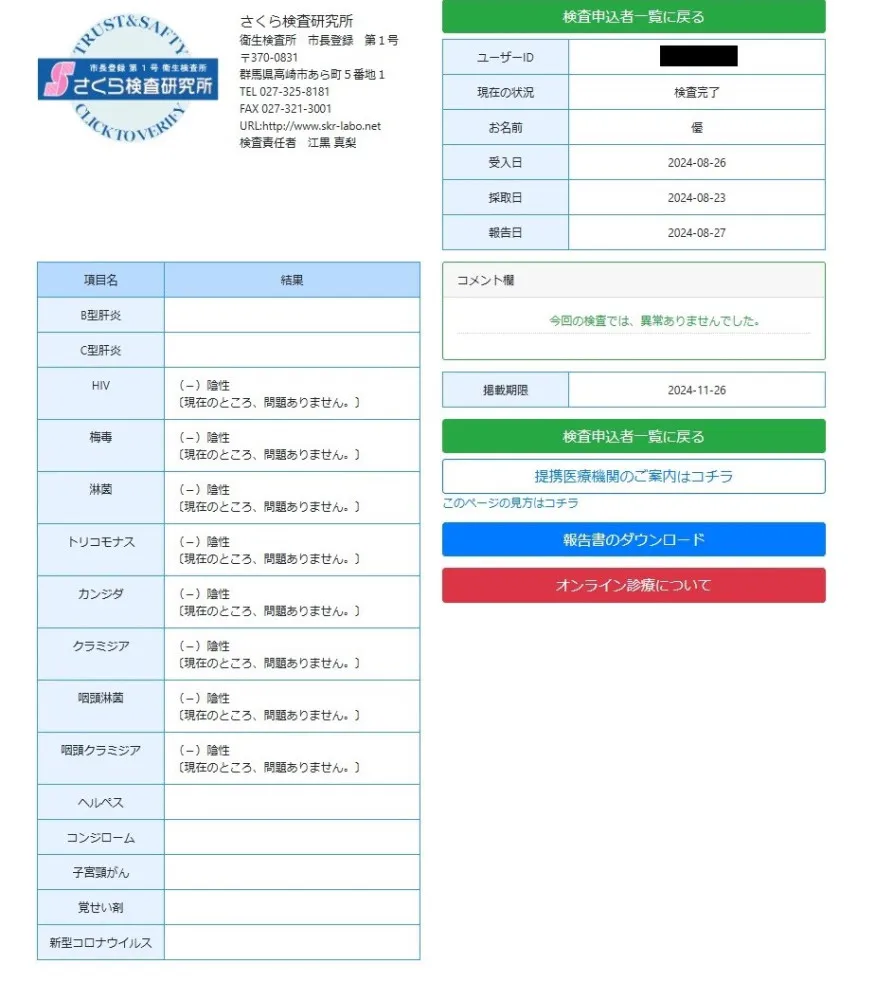 優の性病検査証明書