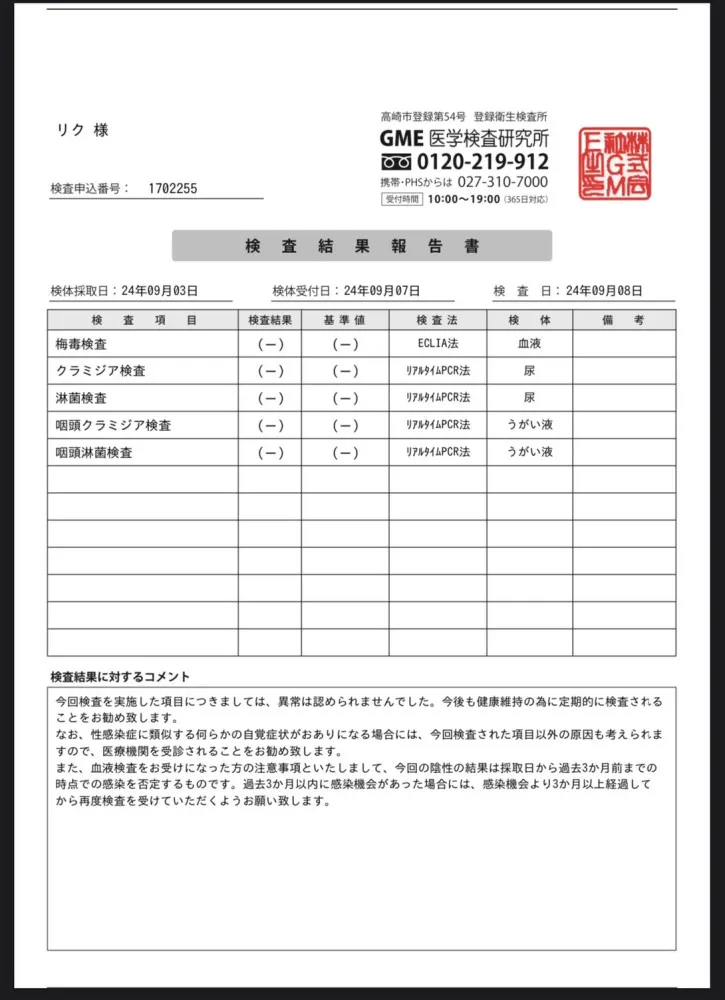 リクの性病検査証明書