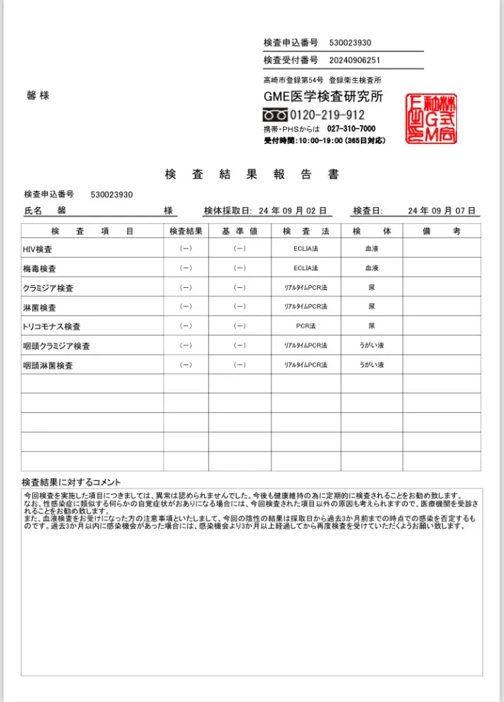 馨の性病検査証明書