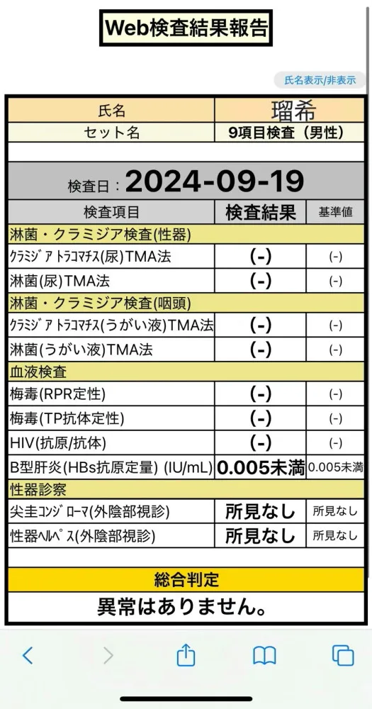 瑠希の性病検査証明書