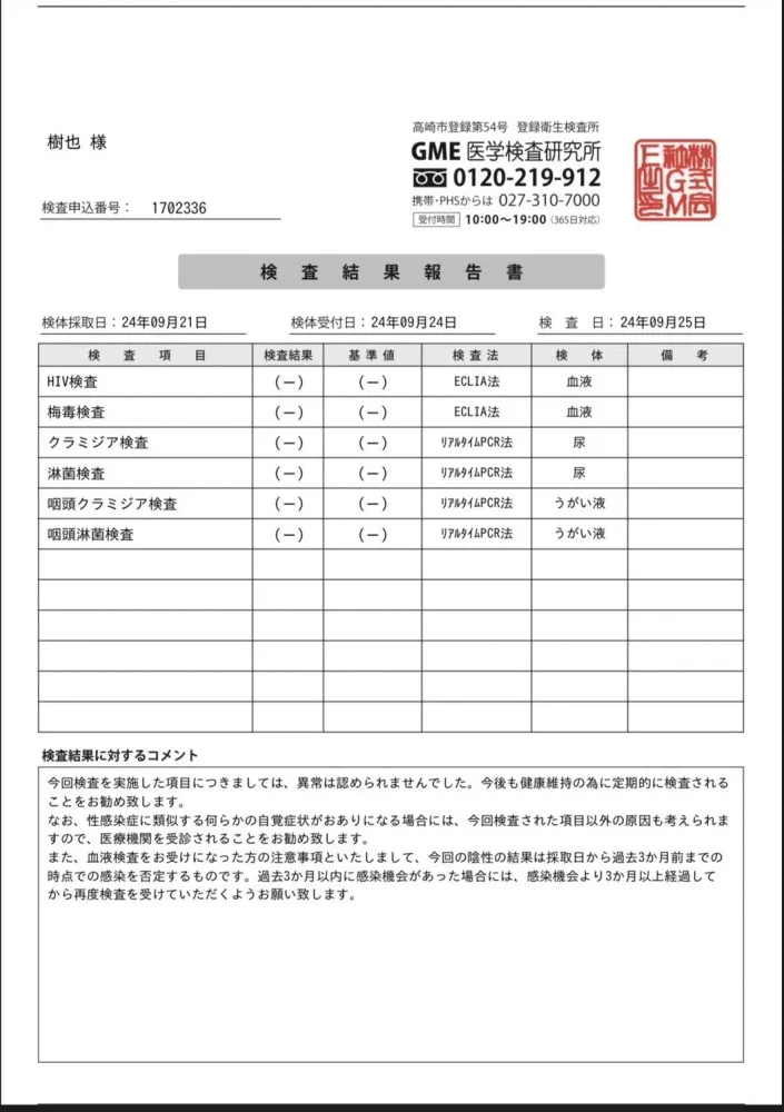 樹也の性病検査証明書