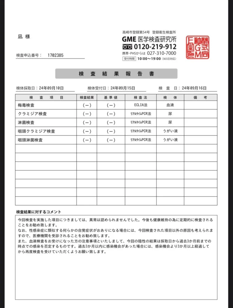 凪の性病検査証明書