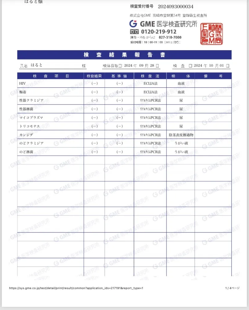 はるとの性病検査証明書