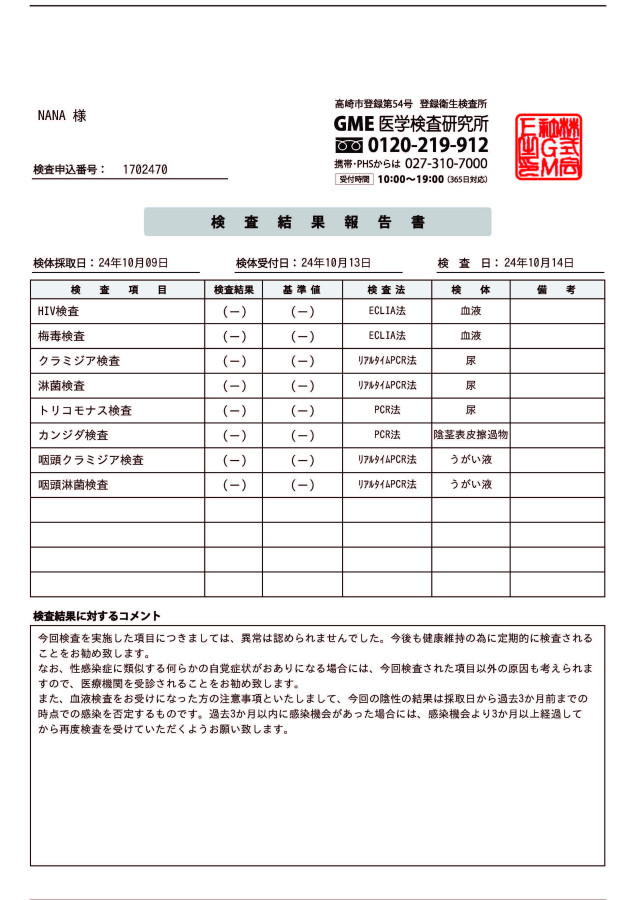 NANAの性病検査証明書