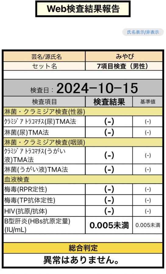 みやびの性病検査証明書