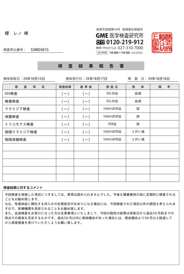 櫻 レノの性病検査証明書