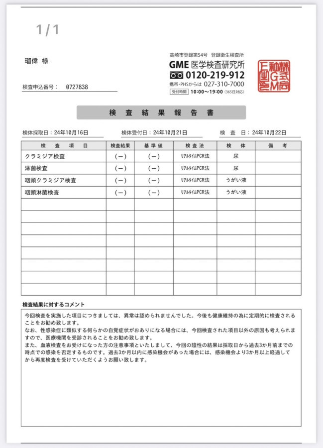 瑠偉の性病検査証明書