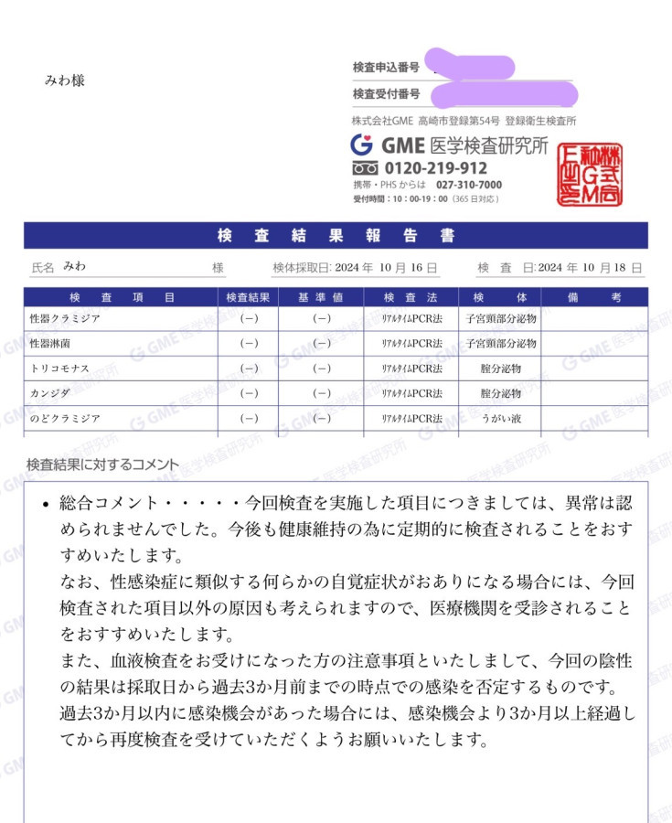 みわの性病検査証明書