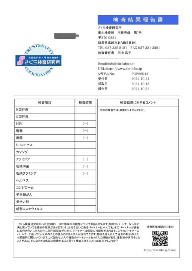 成田 琥太郎の性病検査証明書