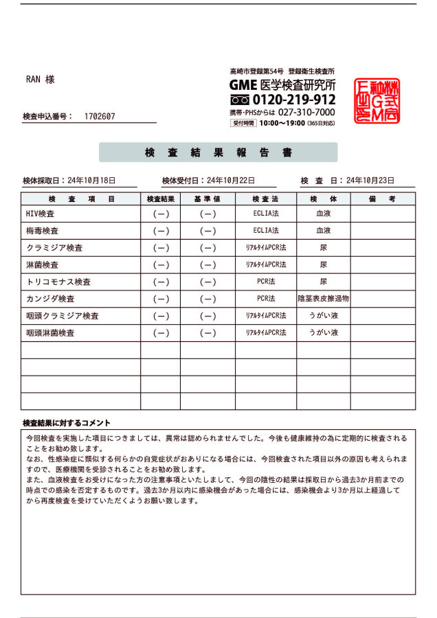 RANの性病検査証明書