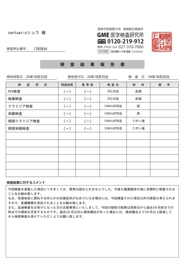 シュウの性病検査証明書