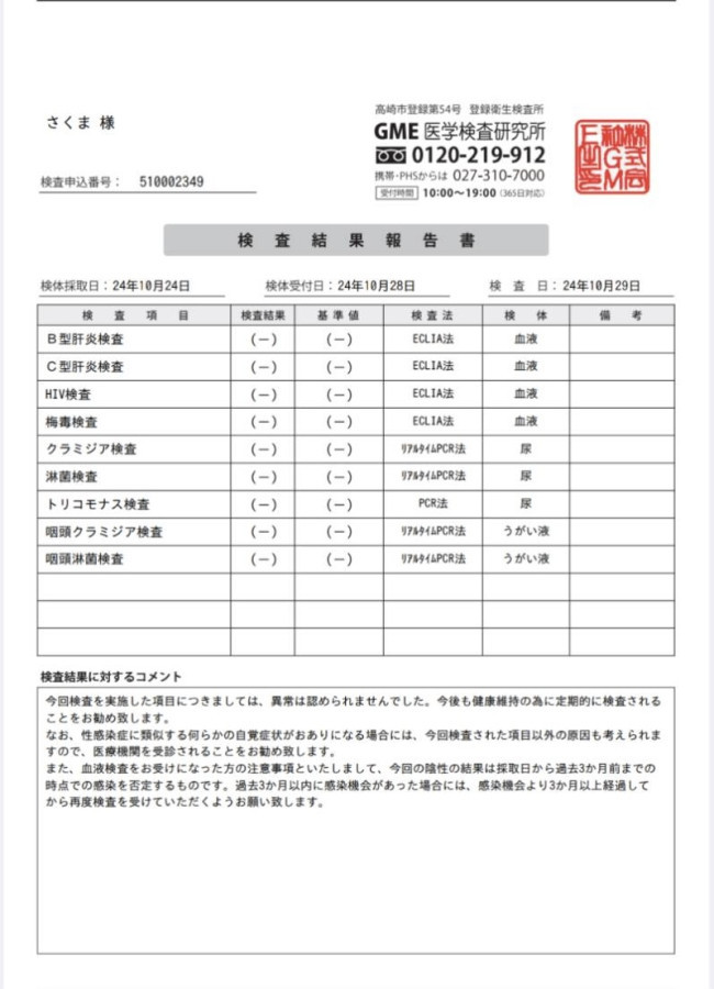 さくまの性病検査証明書