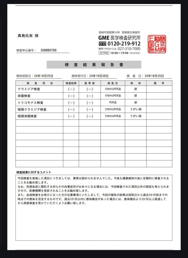 真島 拓実の性病検査証明書