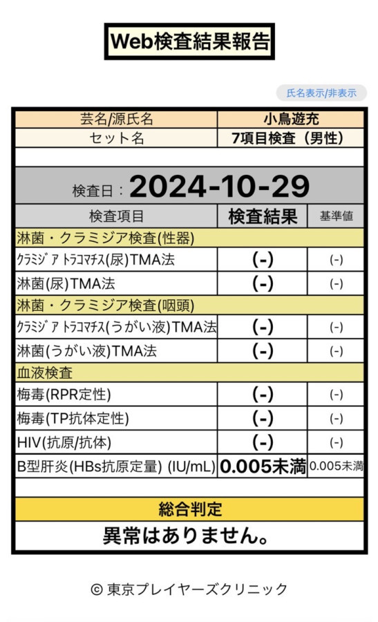 小鳥遊 充の性病検査証明書