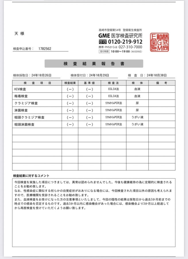 天の性病検査証明書