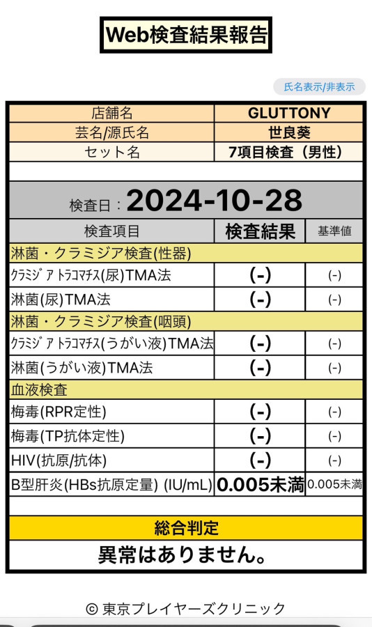 世良 葵の性病検査証明書