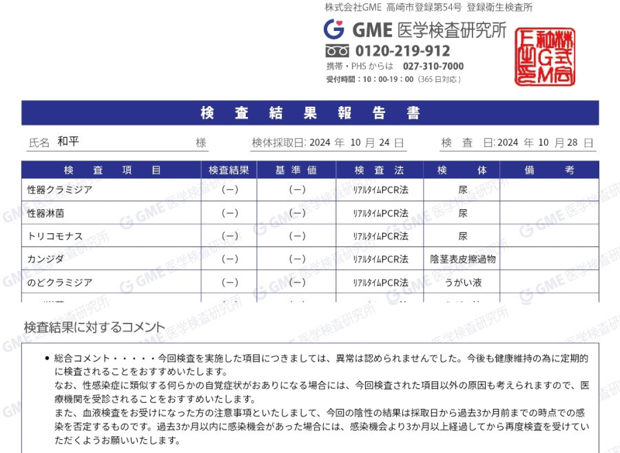 和平の性病検査証明書