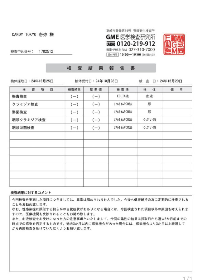 壱弥の性病検査証明書