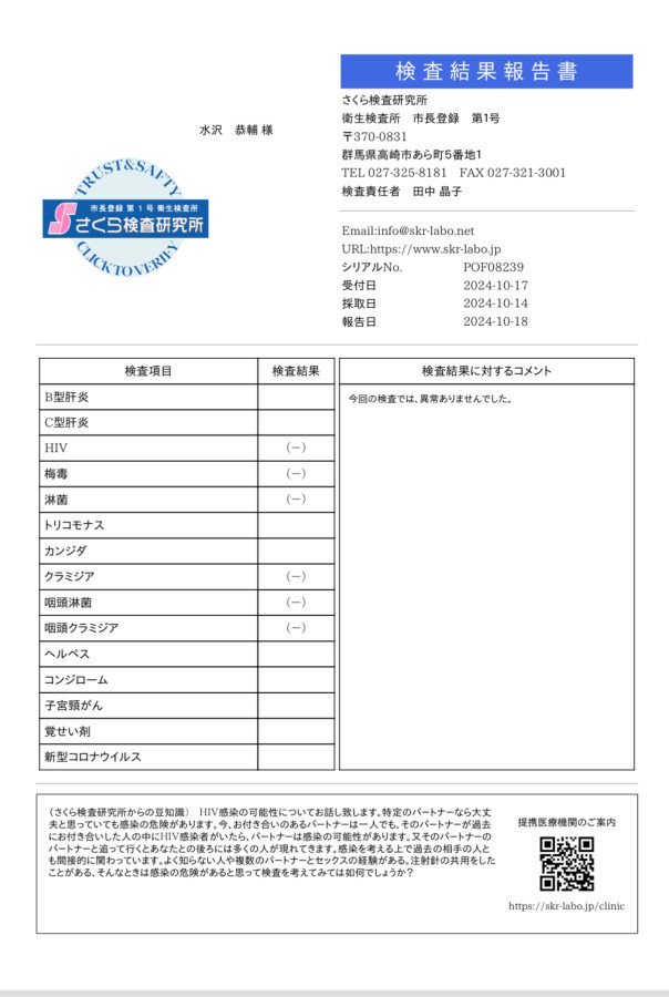 水沢 恭輔の性病検査証明書