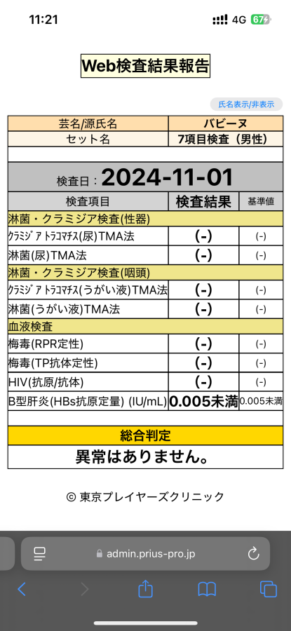 バビーヌの性病検査証明書