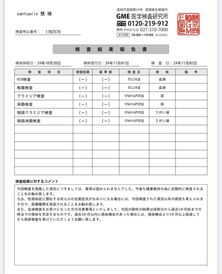 慧の性病検査証明書