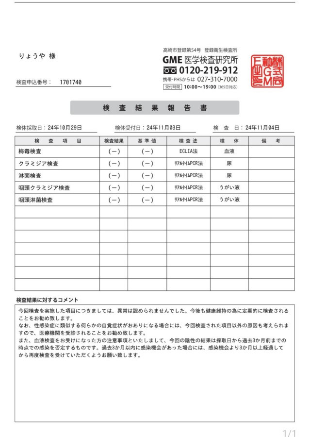 りょうやの性病検査証明書