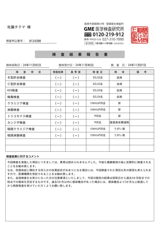 佐藤タクマの性病検査証明書