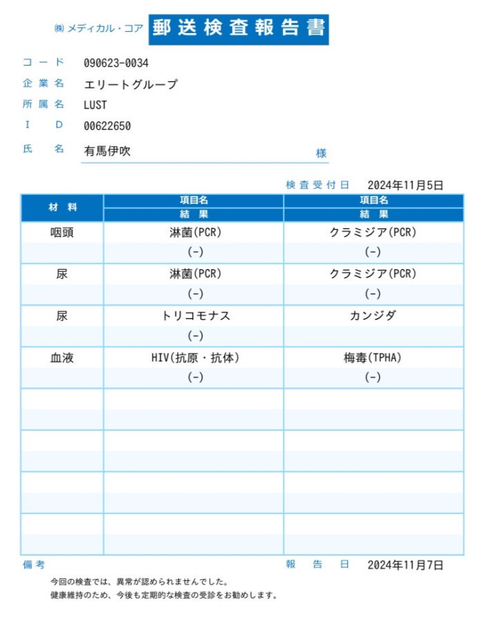 有馬 伊吹の性病検査証明書