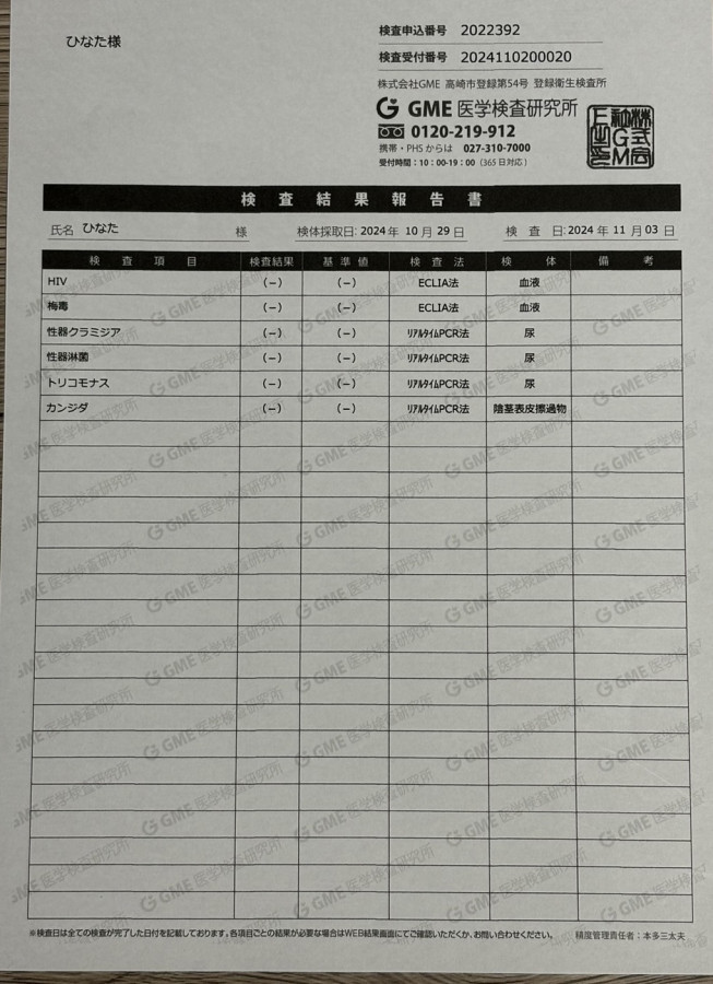 ひなたの性病検査証明書