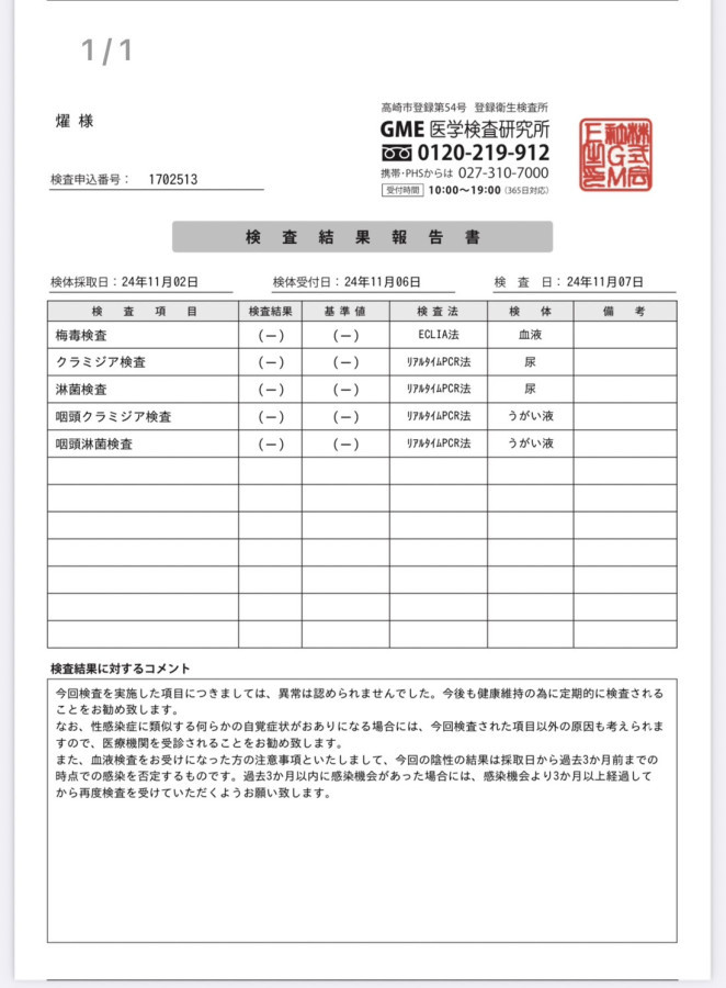 燿の性病検査証明書