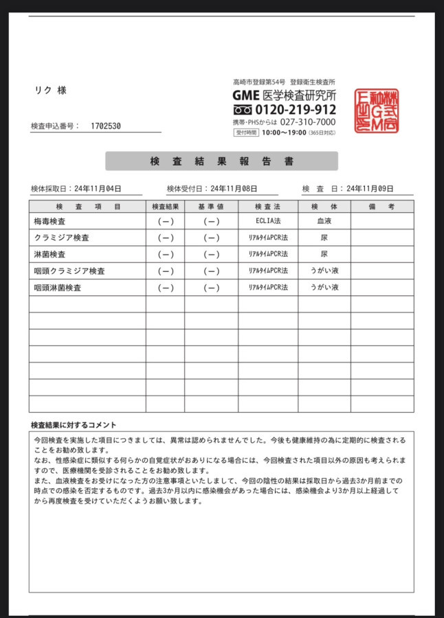 リクの性病検査証明書