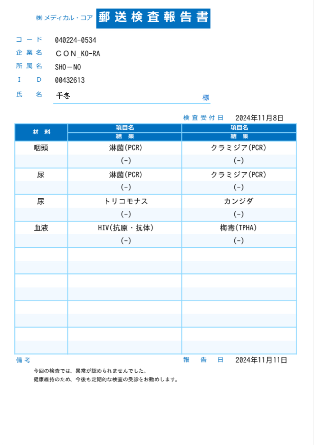 千冬の性病検査証明書