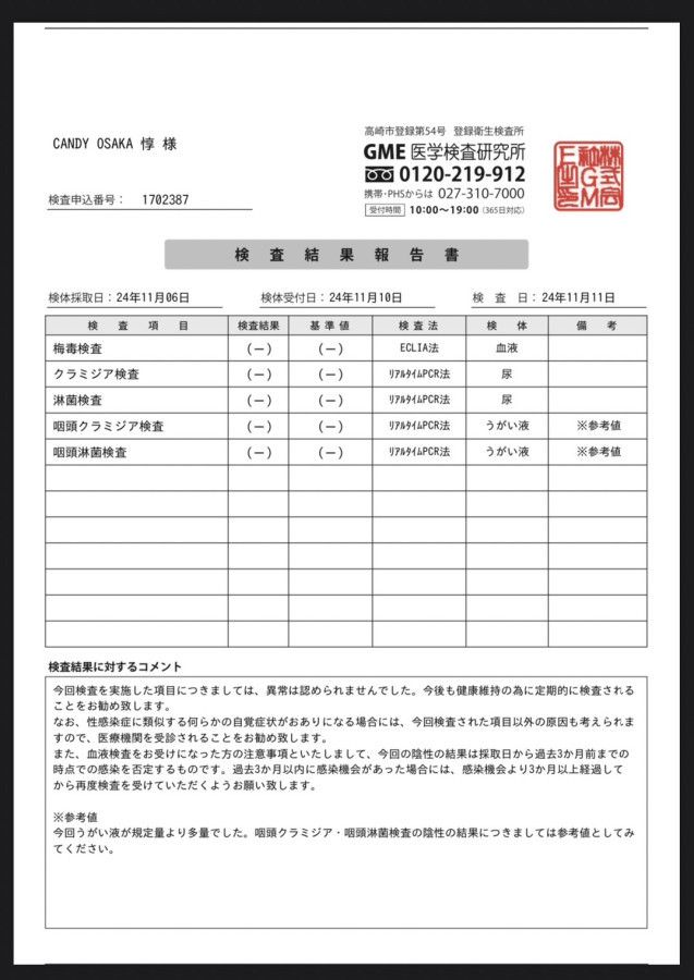 惇の性病検査証明書