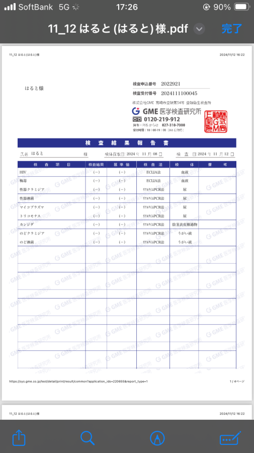 はるとの性病検査証明書