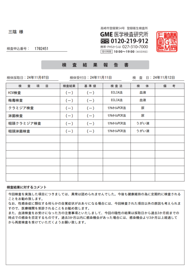 三陰の性病検査証明書