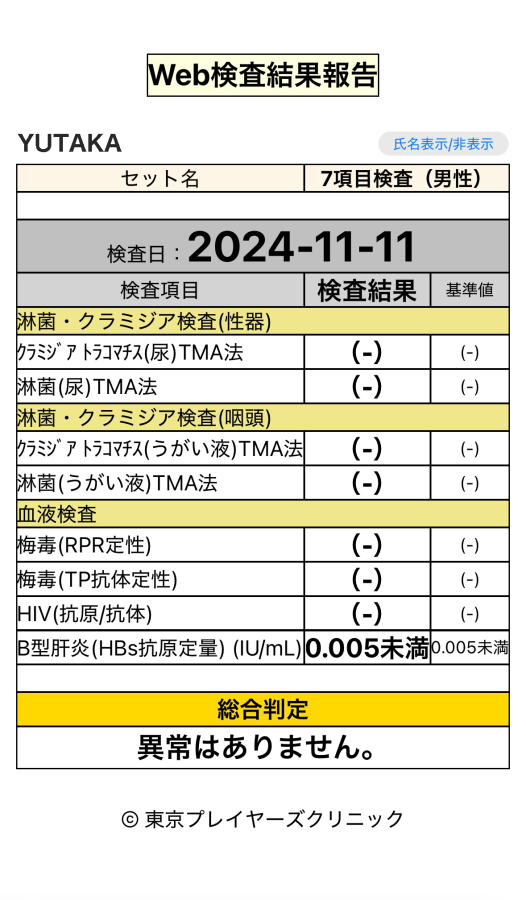 YUTAKAの性病検査証明書