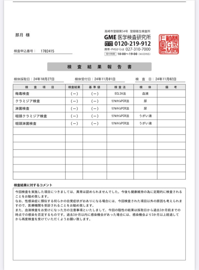 那月の性病検査証明書