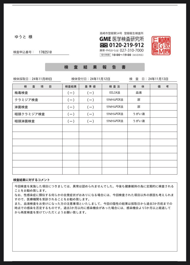 ゆうとの性病検査証明書