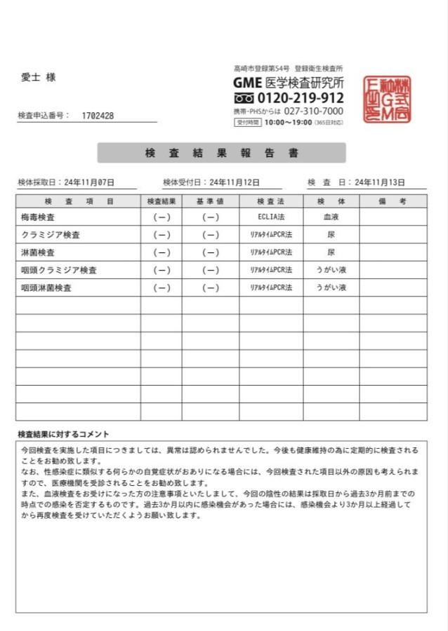 愛士の性病検査証明書