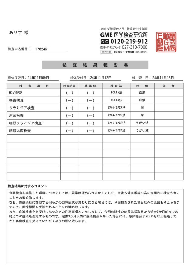 ありすの性病検査証明書