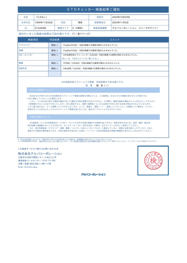 ナオの性病検査証明書