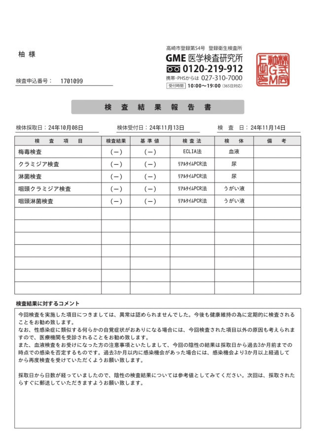 柚の性病検査証明書