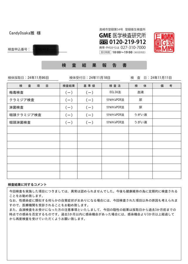 雅の性病検査証明書