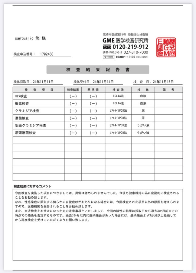 悠の性病検査証明書