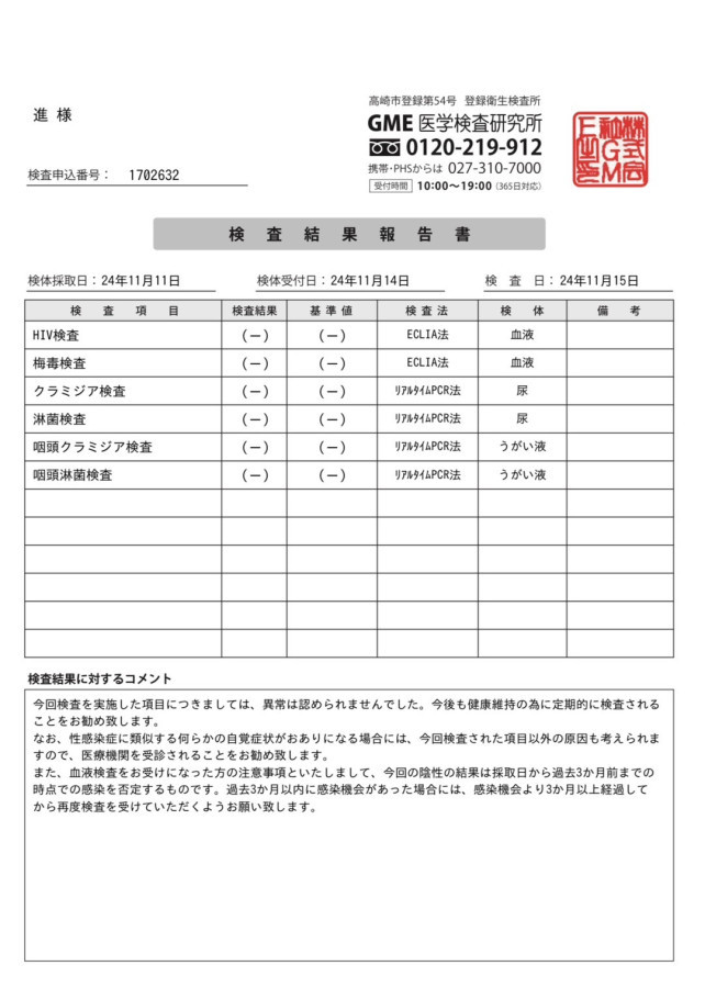 進の性病検査証明書