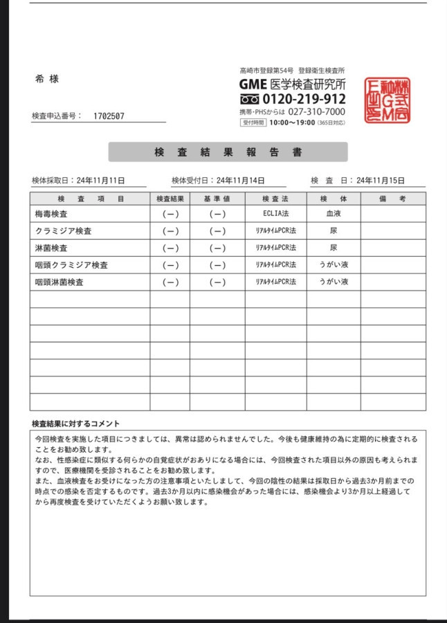 希の性病検査証明書